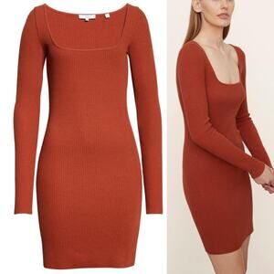 Vince Ribbed Knit Long Sleeve Square Neck Mini Dress Burnt Rust Orange sz XL NWT